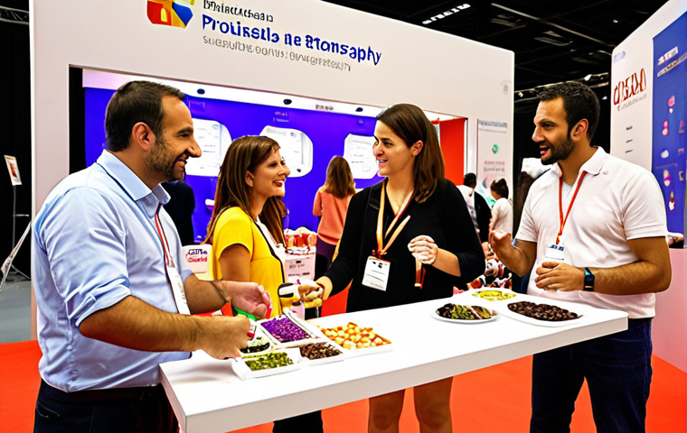 Strategic Sponsorship**
Prompt: A vibrant event scene, showcasing a mutually beneficial partnership between the event organizers and a sponsor. Show event attendees interacting with a sponsor booth, possibly sampling products or participating in an activity. The overall impression should be positive and mutually rewarding. Focus on an event in Spain.
**