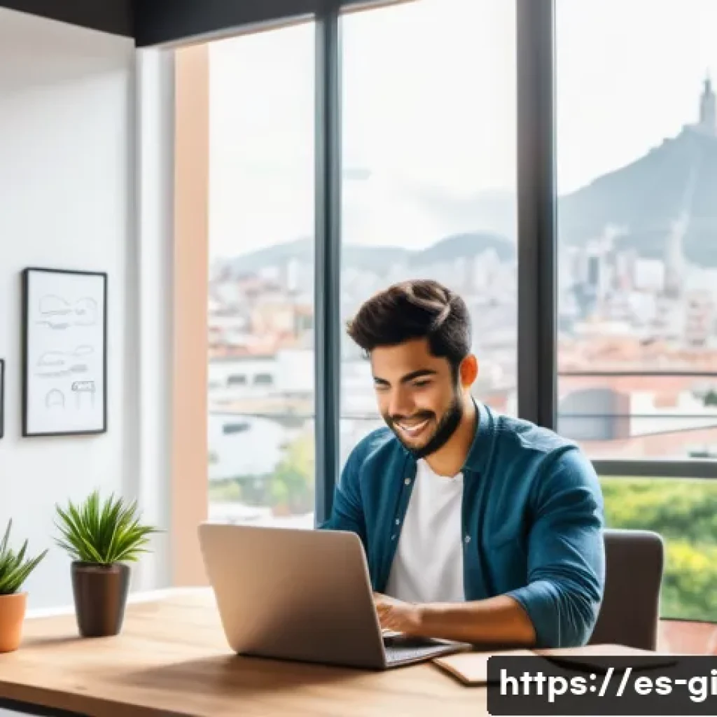 수익원 다변화를 위한 지속 가능성 확보 - A vibrant home office scene showing a young Hispanic freelancer working remotely on a laptop, surrou...