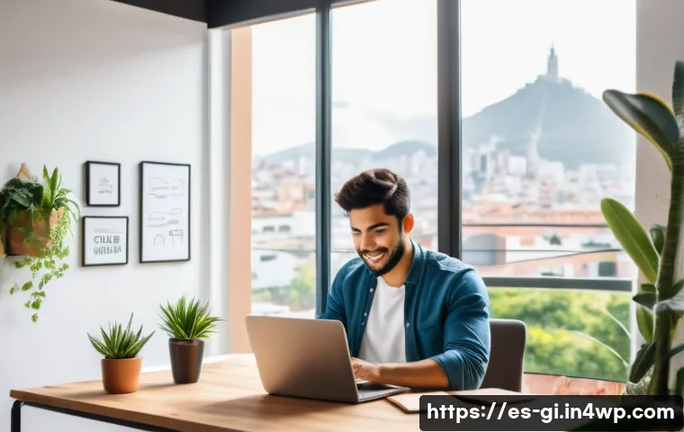 수익원 다변화를 위한 지속 가능성 확보 - A vibrant home office scene showing a young Hispanic freelancer working remotely on a laptop, surrou...