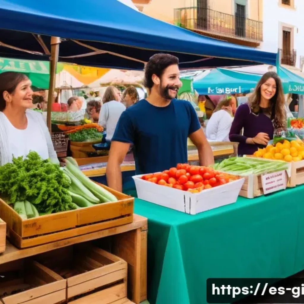 소상공인으로서의 수익 다각화 전략 - A vibrant small vegan food market stall in a busy Spanish town square, decorated with colorful banne...