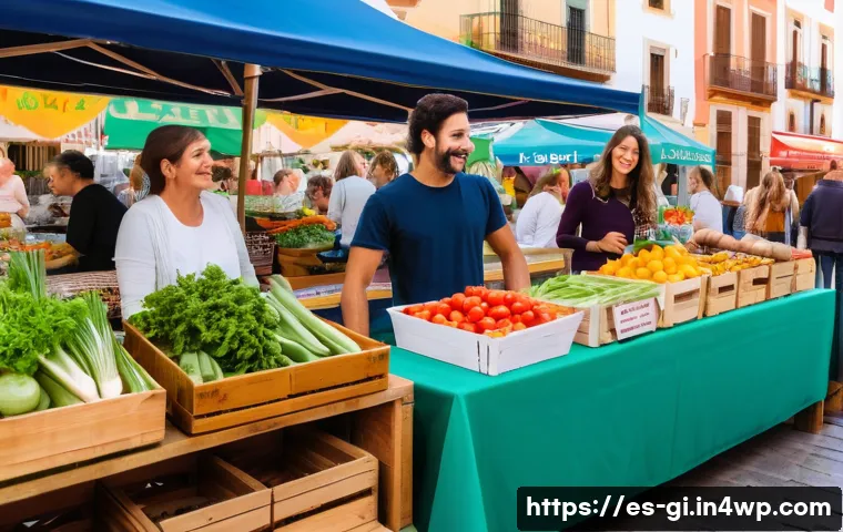 소상공인으로서의 수익 다각화 전략 - A vibrant small vegan food market stall in a busy Spanish town square, decorated with colorful banne...