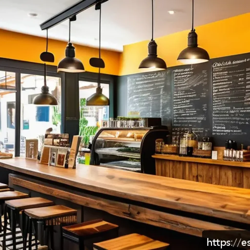 자영업으로 수입원 다변화하기 - A modern Spanish café interior bustling with diverse customers enjoying vegan and organic food optio...
