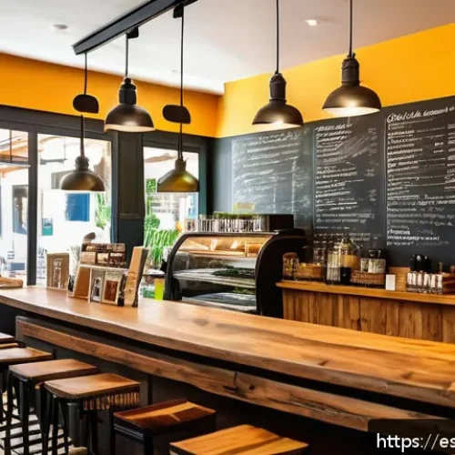 Home 31 자영업으로 수입원 다변화하기 - A modern Spanish café interior bustling with diverse customers enjoying vegan and organic food optio...