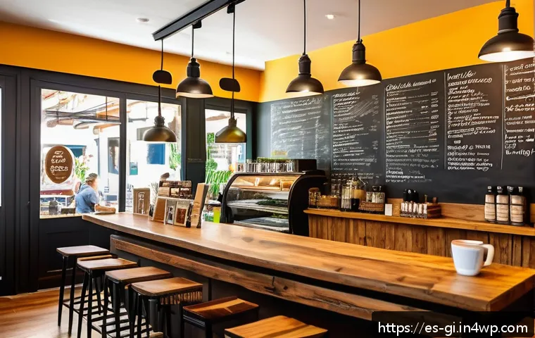 자영업으로 수입원 다변화하기 - A modern Spanish café interior bustling with diverse customers enjoying vegan and organic food optio...
