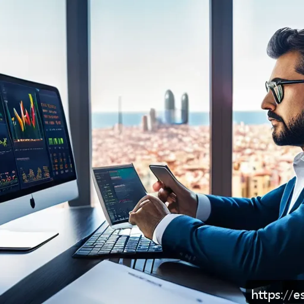 투자 자산 관리 기법 - A modern Spanish investor sitting at a sleek desk in a bright home office, analyzing a diversified p...