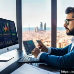 Home 23 투자 자산 관리 기법 - A modern Spanish investor sitting at a sleek desk in a bright home office, analyzing a diversified p...