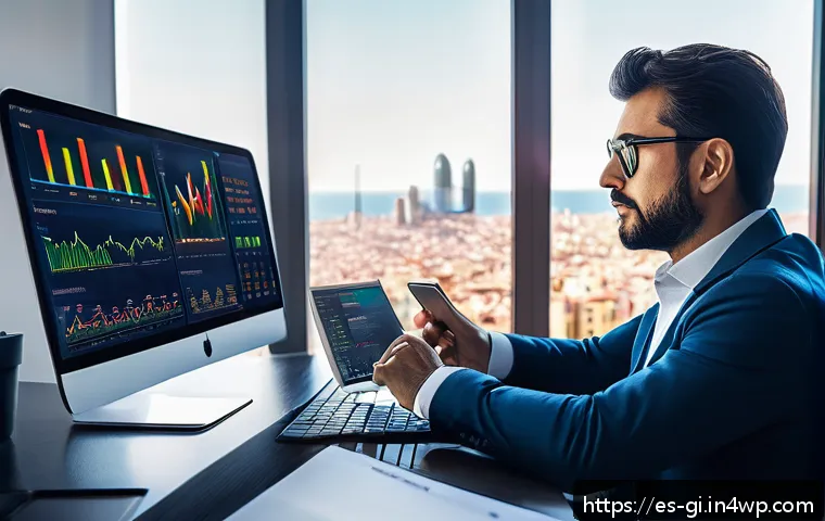 투자 자산 관리 기법 - A modern Spanish investor sitting at a sleek desk in a bright home office, analyzing a diversified p...
